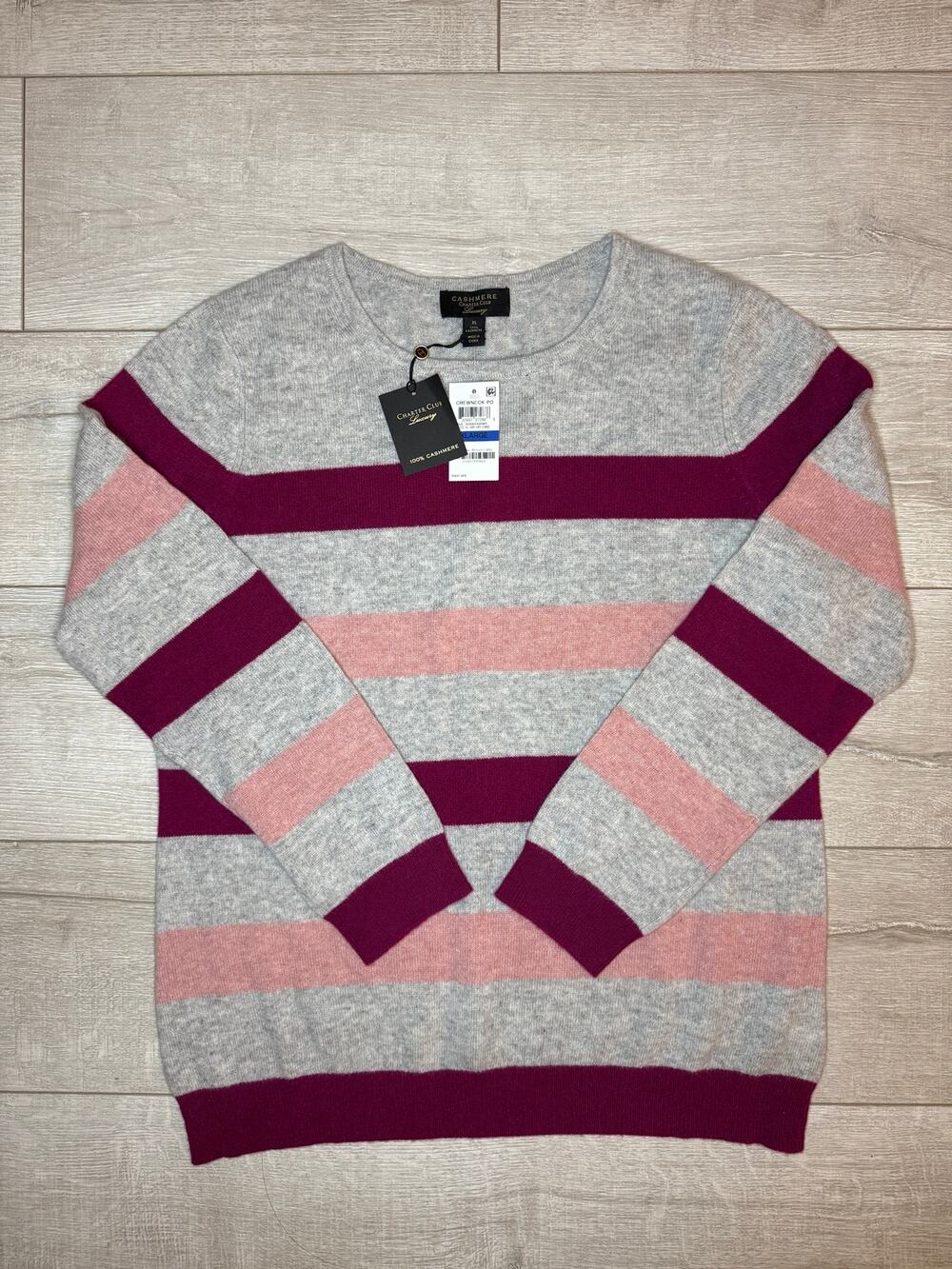 Charter Club NWT 100% Cashmere Striped Crewneck Sweater XL Grey Pink Burgundy